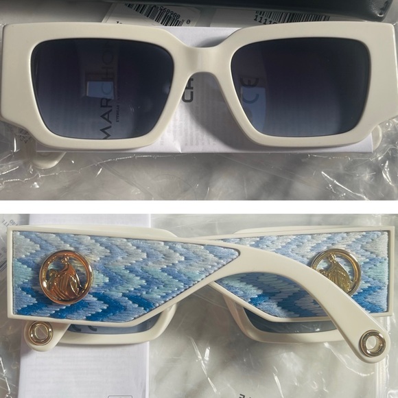 LANVIN RECTANGULAR FASHION FORWARD SUNGLASSES WITH WOVEN FABRIC ARMS,M&D IN GOLD - Picture 2 of 16